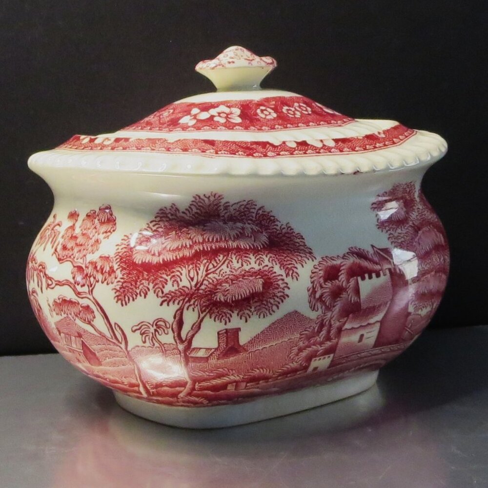 Antique Copeland Sugar Bowl Spode's Tower Pink White Transferware